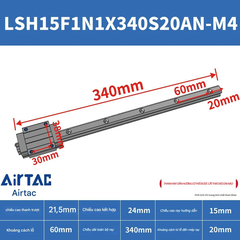 Ray trượt vuông tiêu chuẩn LSH15F1N1X340S20AN-M4 - Ảnh 2