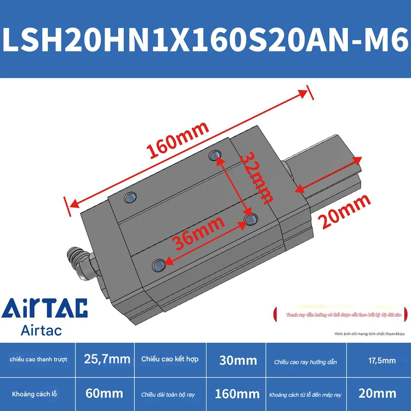 Ray trượt vuông tiêu chuẩn LSH20HN1X160S20AN-M6 - Ảnh 2