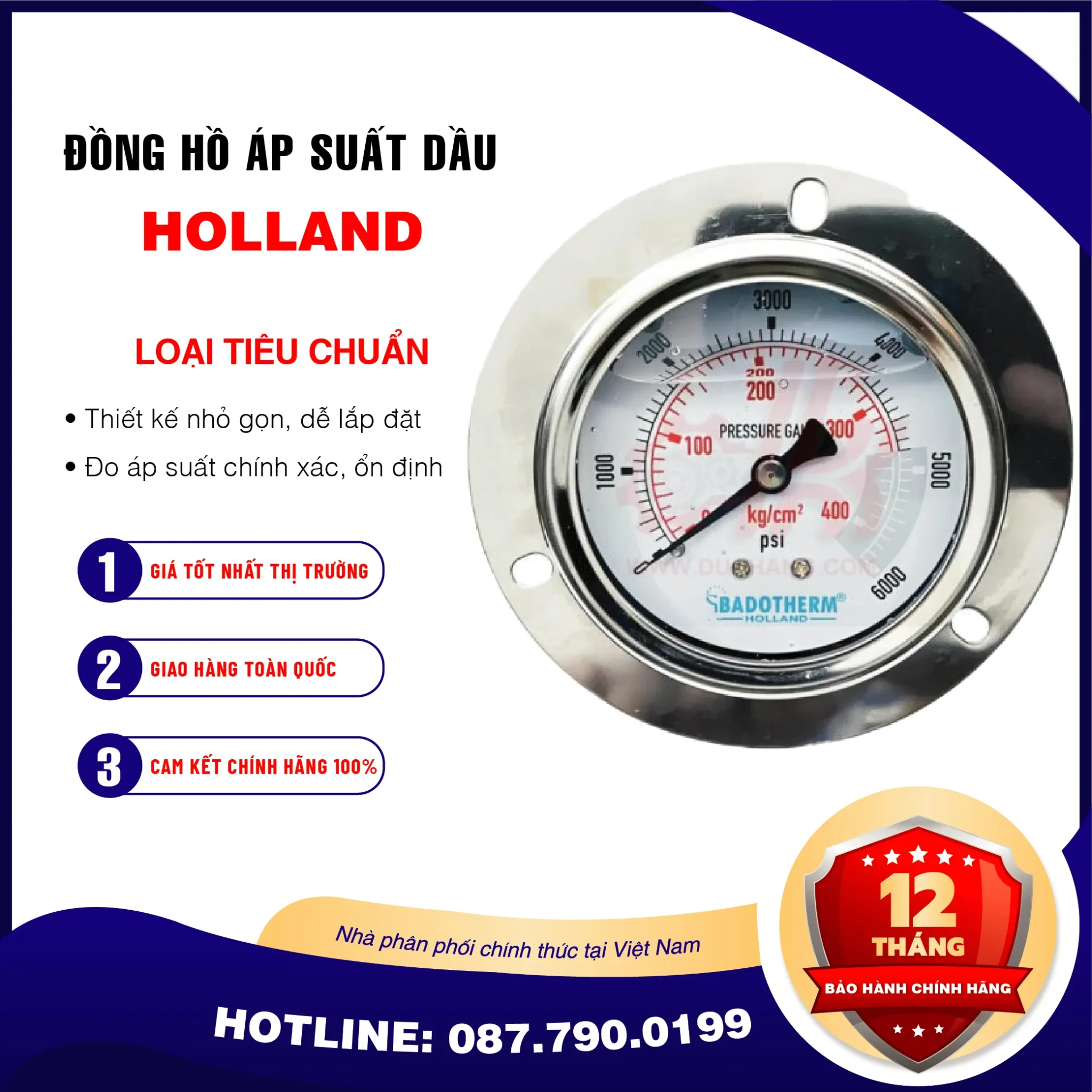 Đồng Hồ Áp Suất Dầu Chân Sau HOLLAND