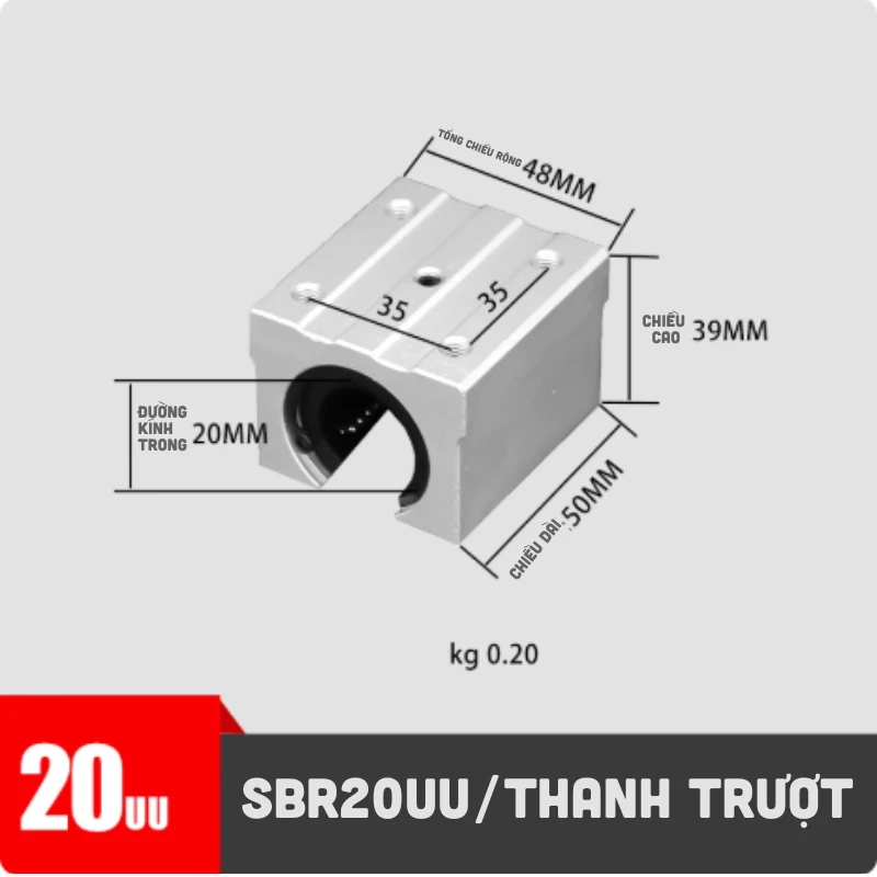 Con trượt tròn có đế thân ngắn SBR20UU (Bi trượt tròn có đế) - Ảnh 2