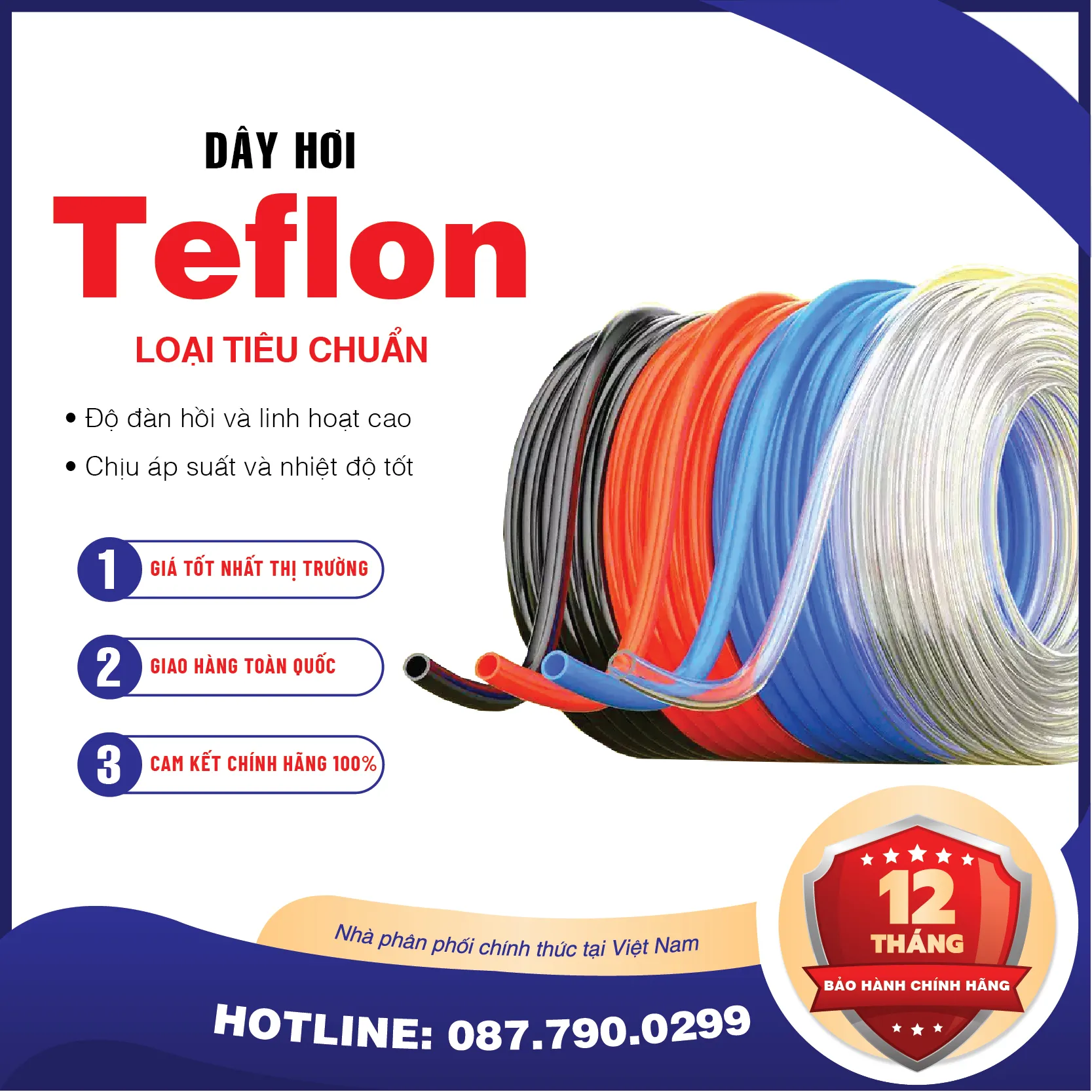 Dây hơi Teflon 10x6.5 (Màu: trắng, đen, xanh, cam)