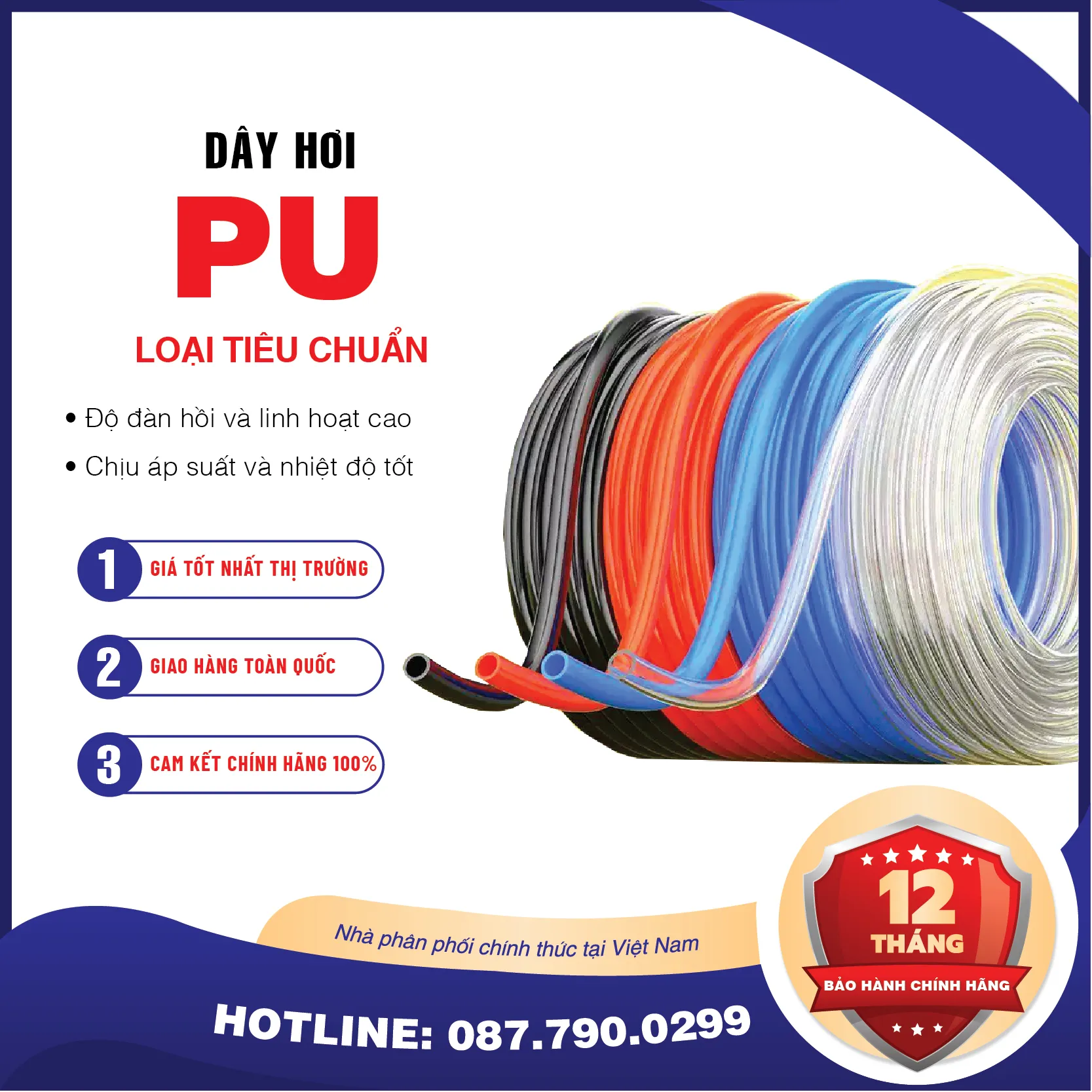 PU12x8 Dây hơi khí nén PU AKS (PU12x8 Màu: trắng, đen, xanh, cam)
