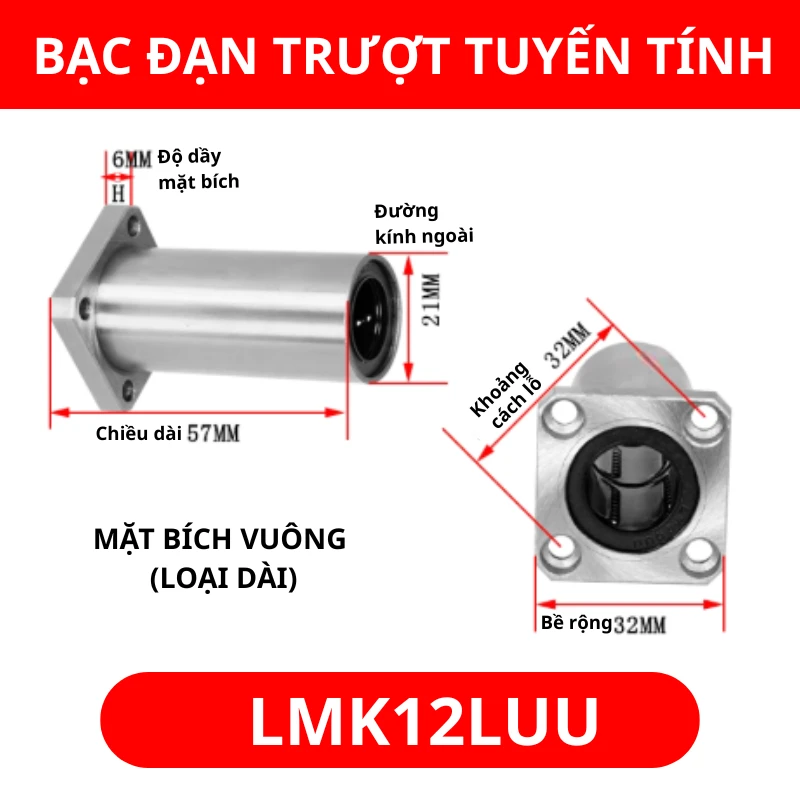Con trượt tròn mặt bích vuông thân dài LMK12LUU (Bi trượt tròn) - Ảnh 2