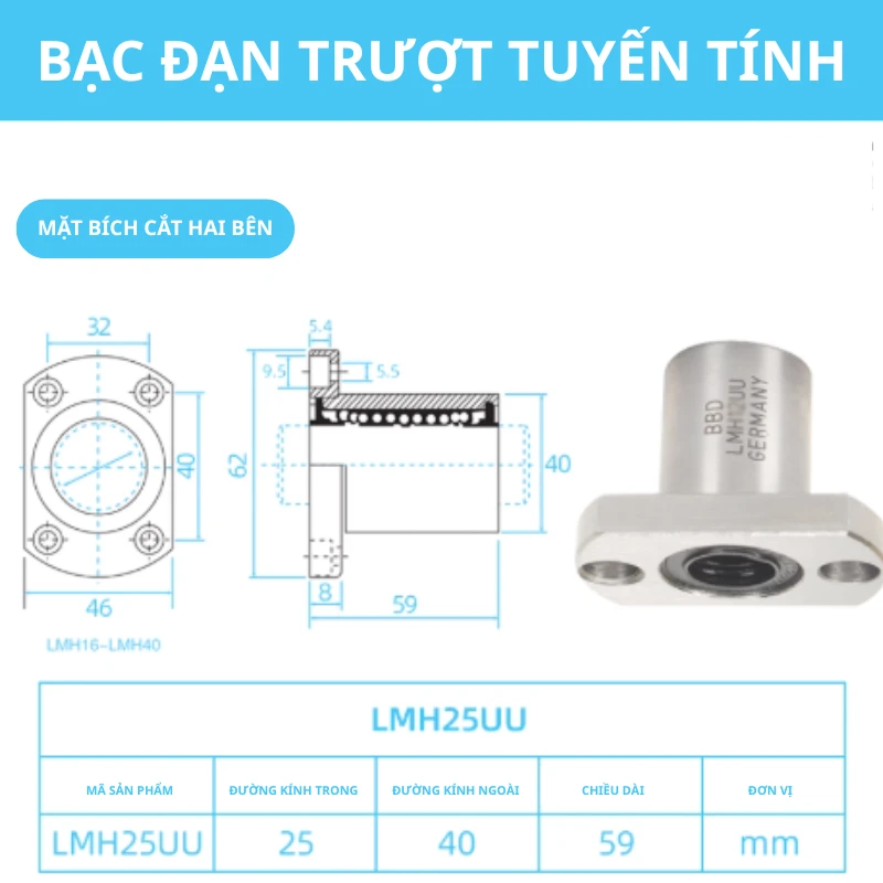 Con trượt tròn mặt bích Oval thân ngắn LMH25UU (Bi trượt tròn) - Ảnh 2