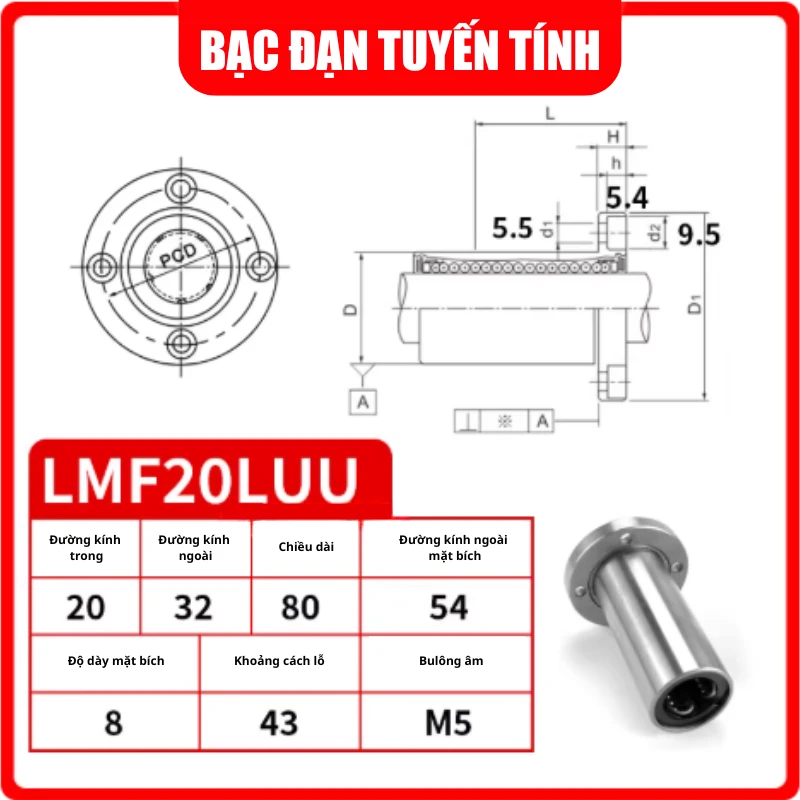 Con trượt tròn mặt bích tròn thân dài LMF20LUU (Bi trượt tròn) - Ảnh 2