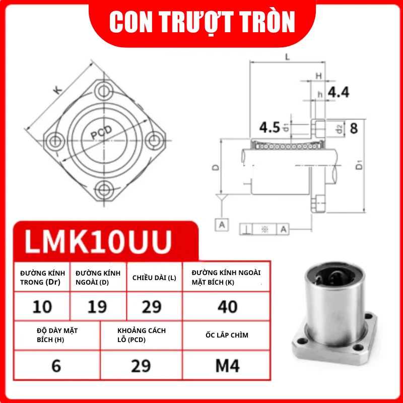 Con trượt tròn mặt bích vuông thân ngắn LMK10UU (Bi trượt tròn) - Ảnh 2