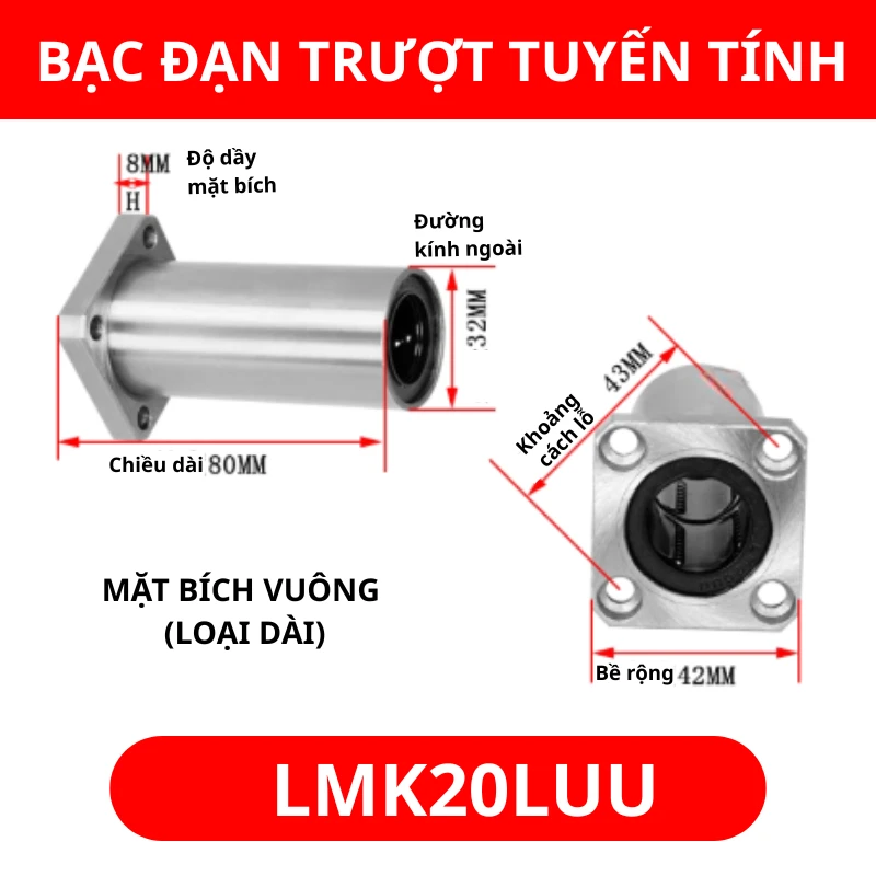 Con trượt tròn mặt bích vuông thân dài LMK20LUU (Bi trượt tròn) - Ảnh 2