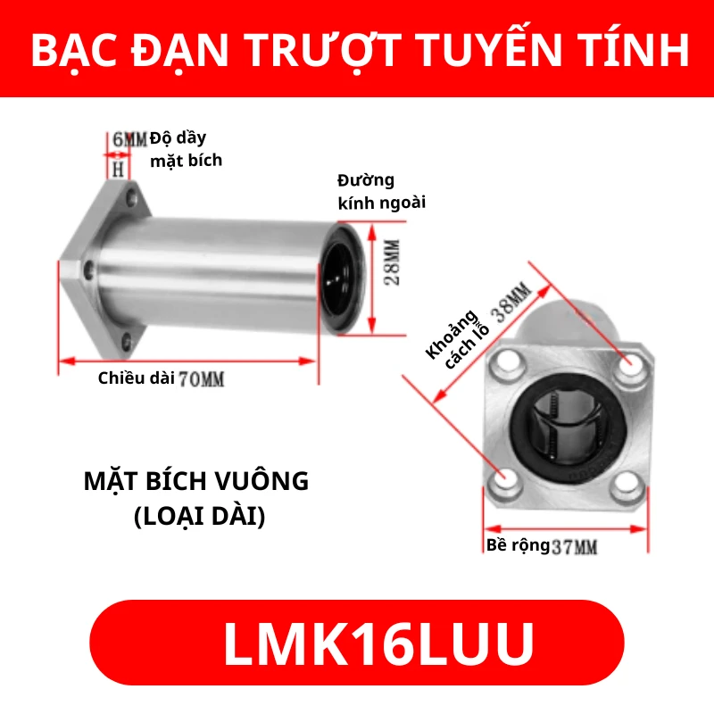 Con trượt tròn mặt bích vuông thân dài LMK16LUU (Bi trượt tròn) - Ảnh 2