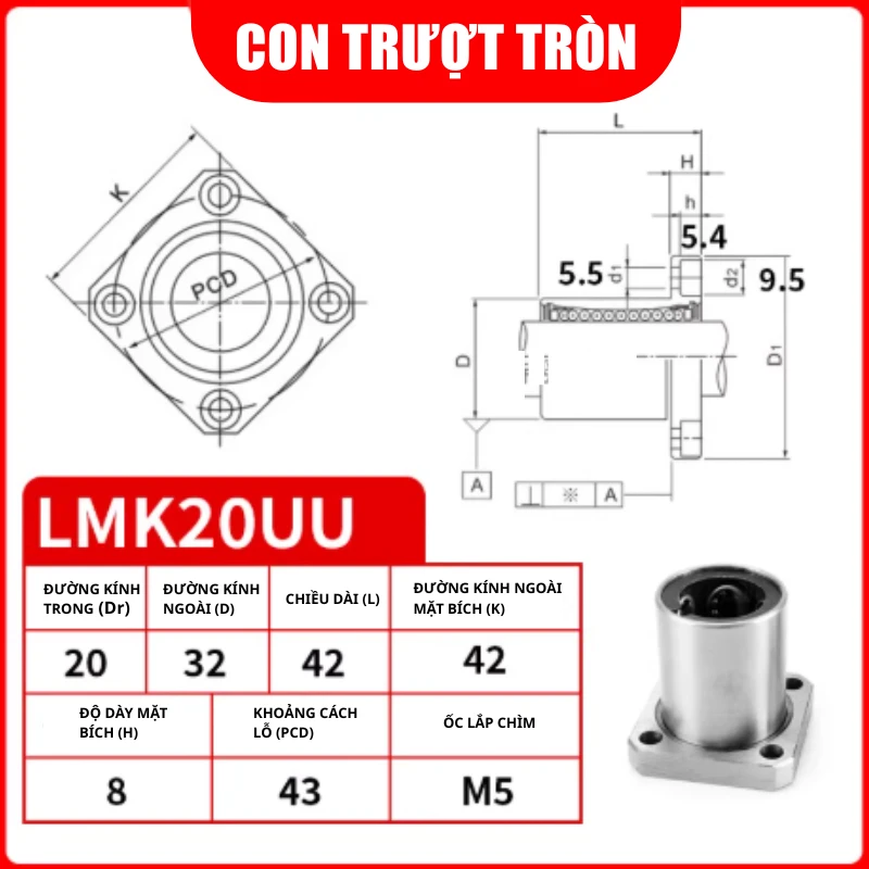 Con trượt tròn mặt bích vuông thân ngắn LMK20UU (Bi trượt tròn) - Ảnh 2