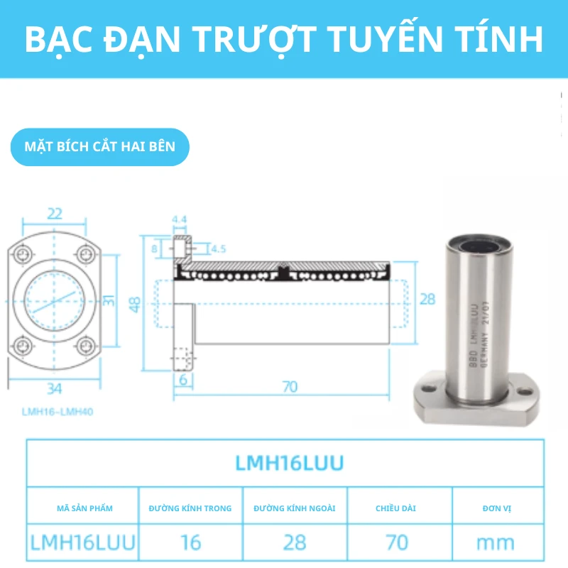 Con trượt tròn mặt bích Oval thân dài LMH16LUU (Bi trượt tròn) - Ảnh 2