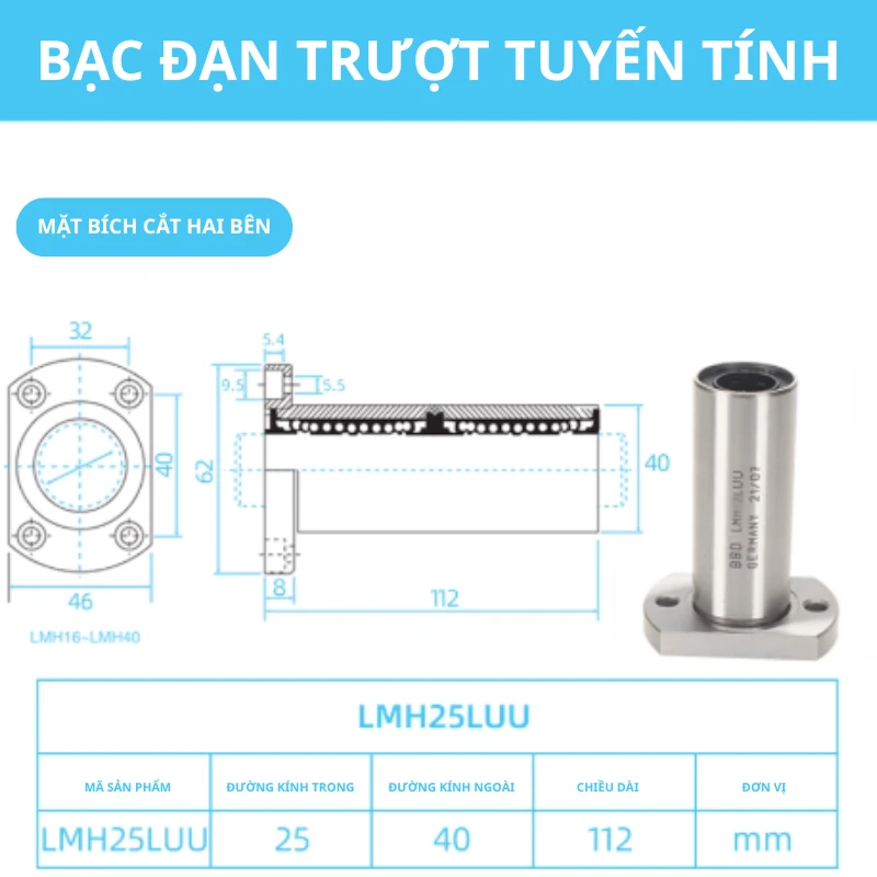 Con trượt tròn mặt bích Oval thân dài LMH25LUU (Bi trượt tròn) - Ảnh 2