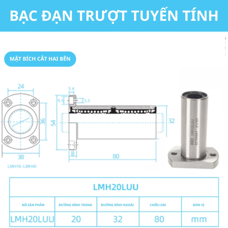 Con trượt tròn mặt bích Oval thân dài LMH20LUU (Bi trượt tròn) - Ảnh 2