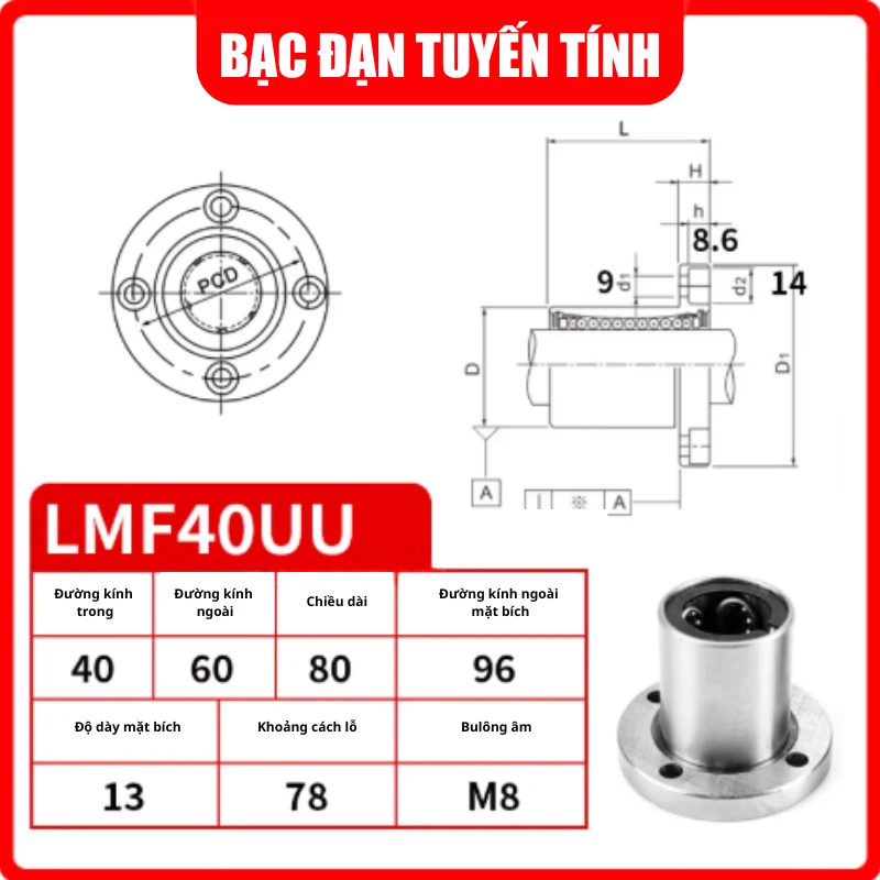Con trượt tròn mặt bích tròn thân ngắn LMF40UU (Bi trượt tròn) - Ảnh 2