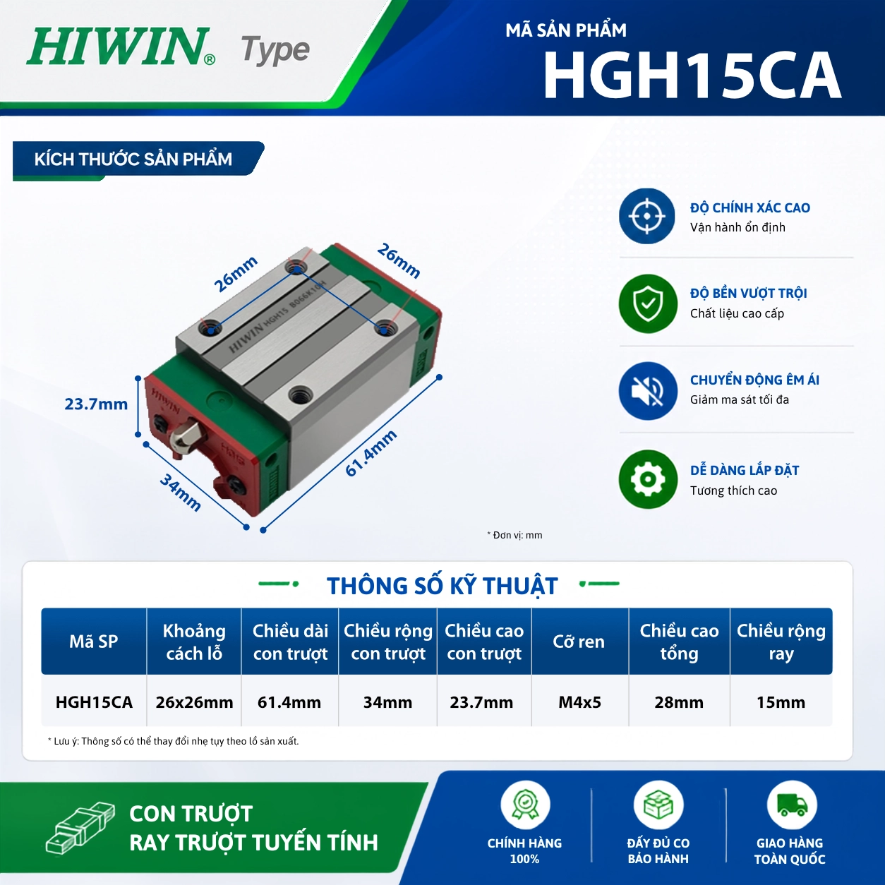 Con trượt vuông tiêu chuẩn Hiwin HGH15CA