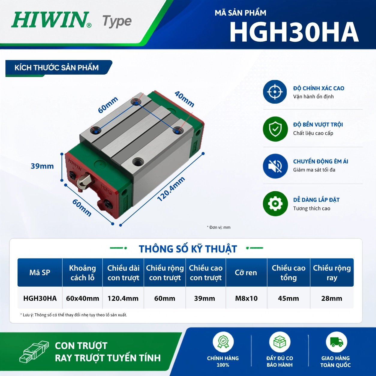 Con trượt vuông Hiwin thân dài HGH30HA