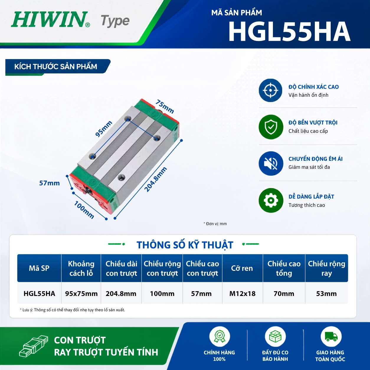 Con trượt vuông Hiwin HGL55HA
