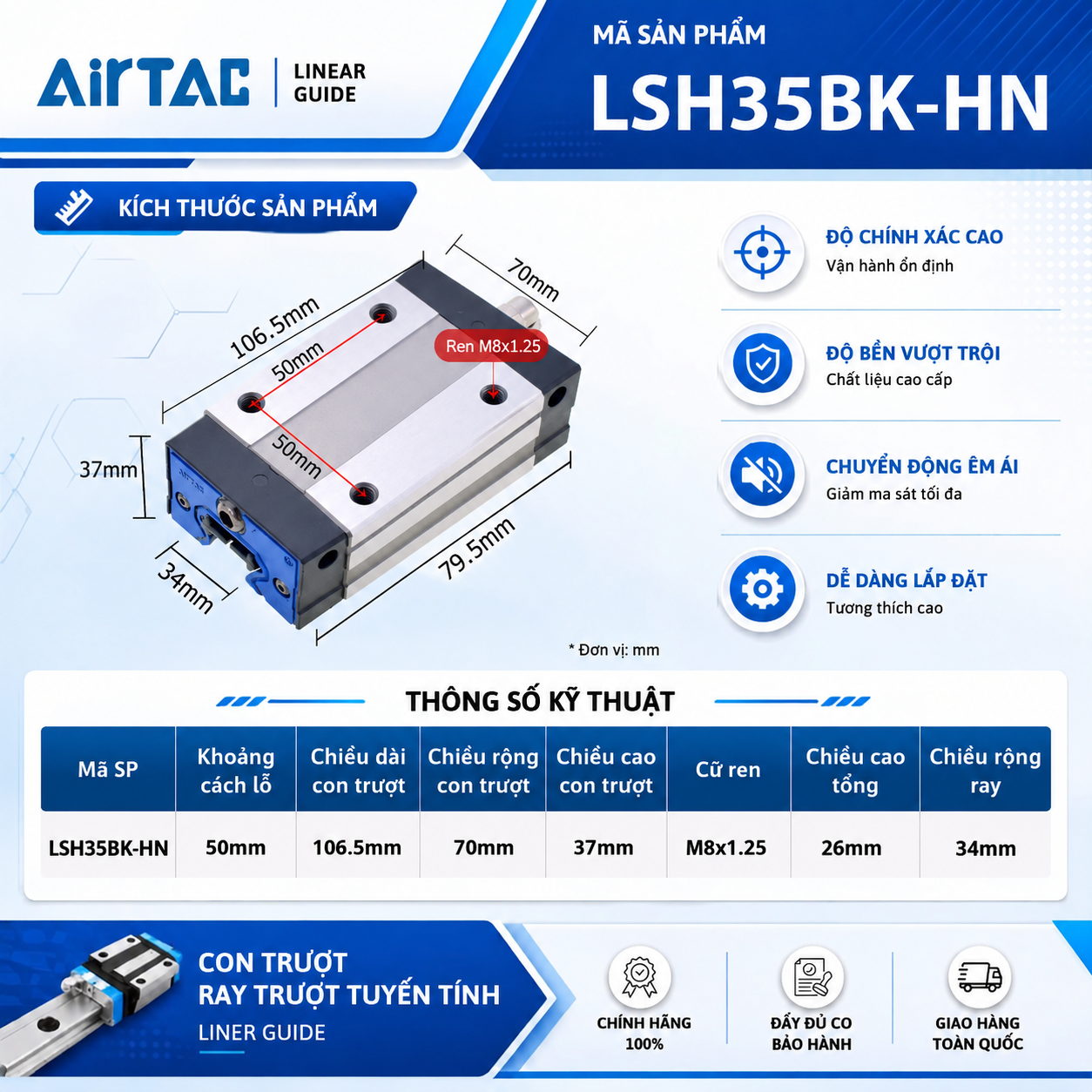 Con trượt thân vuông tải tiêu chuẩn LSH35BK-HN (HG35CA)