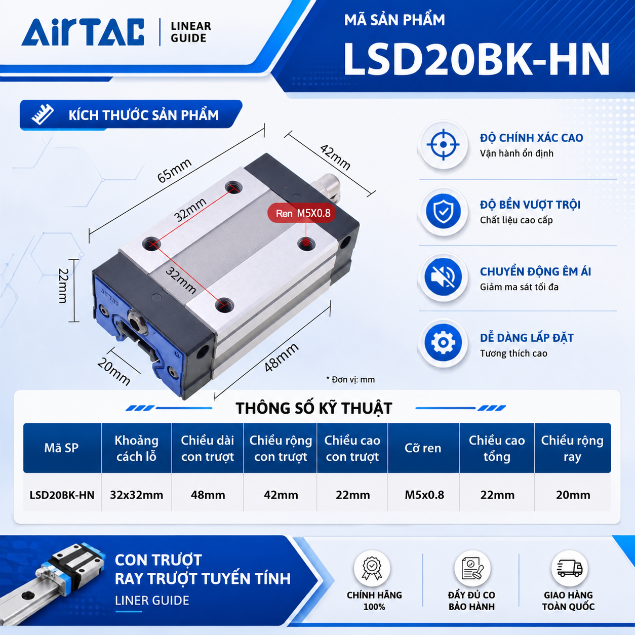 Con trượt thân vuông tải tiêu chuẩn LSD20BK-HN