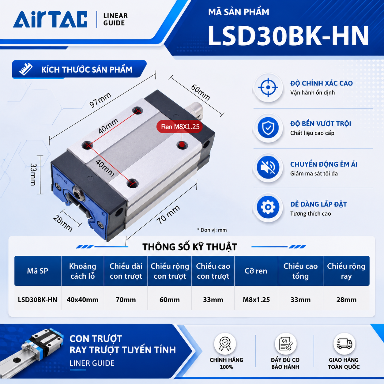 Con trượt thân vuông tải tiêu chuẩn LSD30BK-HN