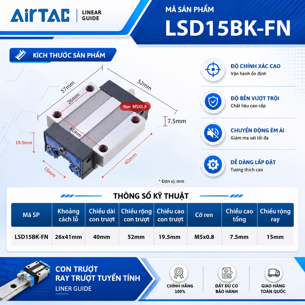 Con trượt vuông bản rộng tiêu chuẩn LSD15BK-FN (EGW15)