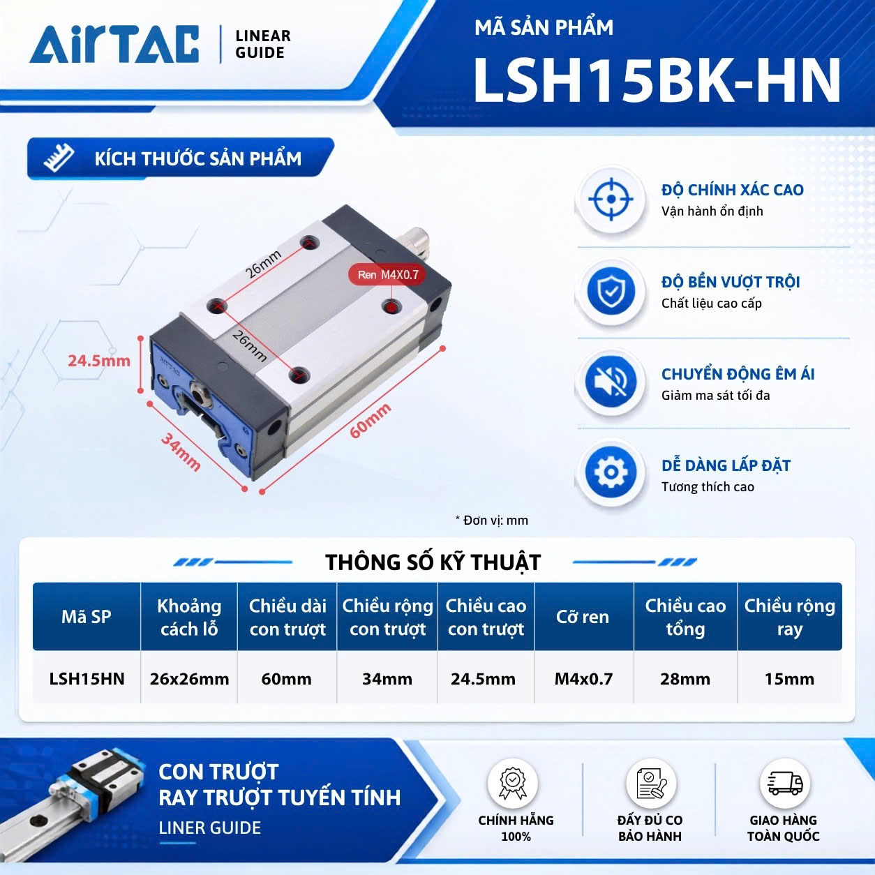 Con trượt thân vuông tải tiêu chuẩn LSH15BK-HN (HG15CA)